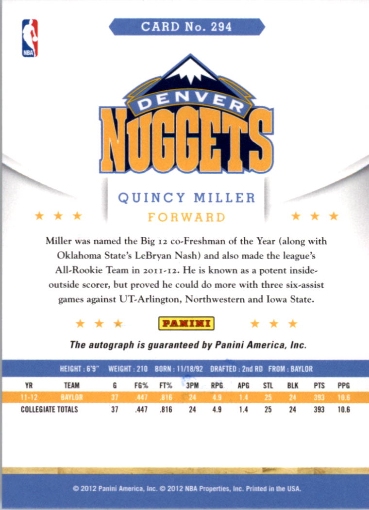 2012-13 Hoops Autographs #294 Quincy Miller back image