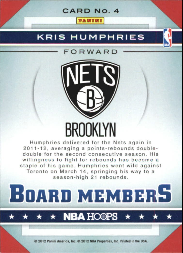 2012-13 Hoops Board Members #4 Kris Humphries back image