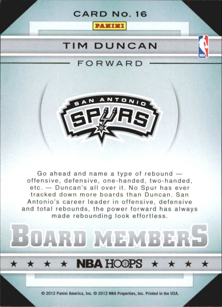 2012-13 Hoops Board Members #16 Tim Duncan back image