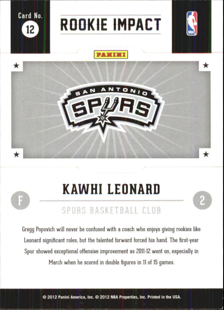 2012-13 Hoops Rookie Impact #12 Kawhi Leonard back image
