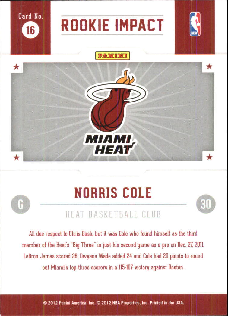 2012-13 Hoops Rookie Impact #16 Norris Cole back image