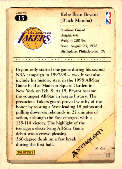2012-13 Panini Kobe Anthology #15 Kobe Bryant back image