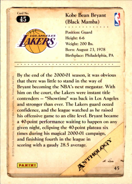 2012-13 Panini Kobe Anthology #45 Kobe Bryant back image
