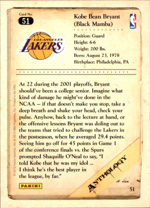 2012-13 Panini Kobe Anthology #51 Kobe Bryant back image