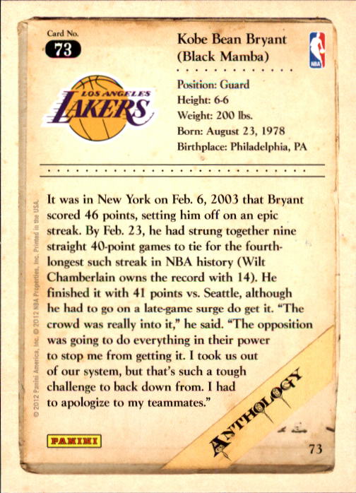 2012-13 Panini Kobe Anthology #73 Kobe Bryant back image