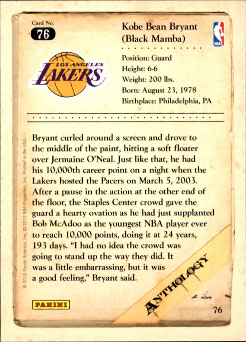 2012-13 Panini Kobe Anthology #76 Kobe Bryant back image