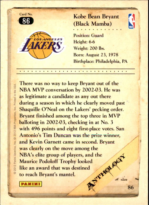 2012-13 Panini Kobe Anthology #86 Kobe Bryant back image
