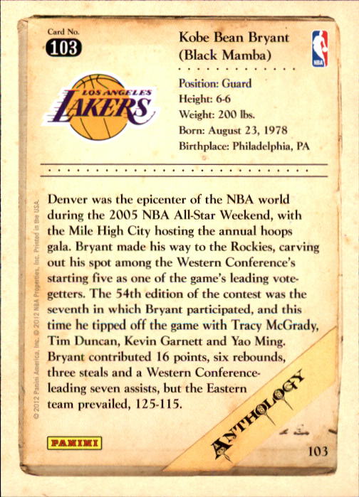 2012-13 Panini Kobe Anthology #103 Kobe Bryant back image