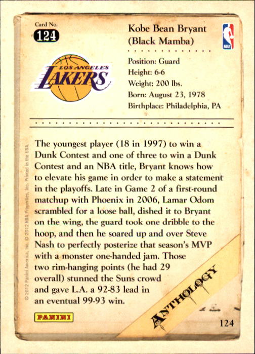 2012-13 Panini Kobe Anthology #124 Kobe Bryant back image