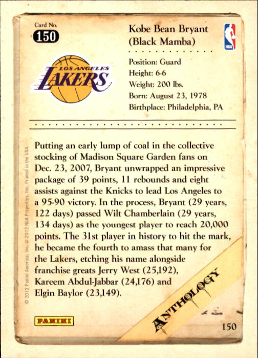 2012-13 Panini Kobe Anthology #150 Kobe Bryant back image