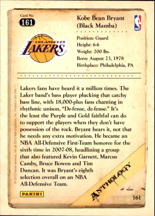 2012-13 Panini Kobe Anthology #161 Kobe Bryant back image