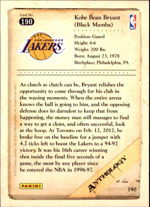 2012-13 Panini Kobe Anthology #190 Kobe Bryant back image