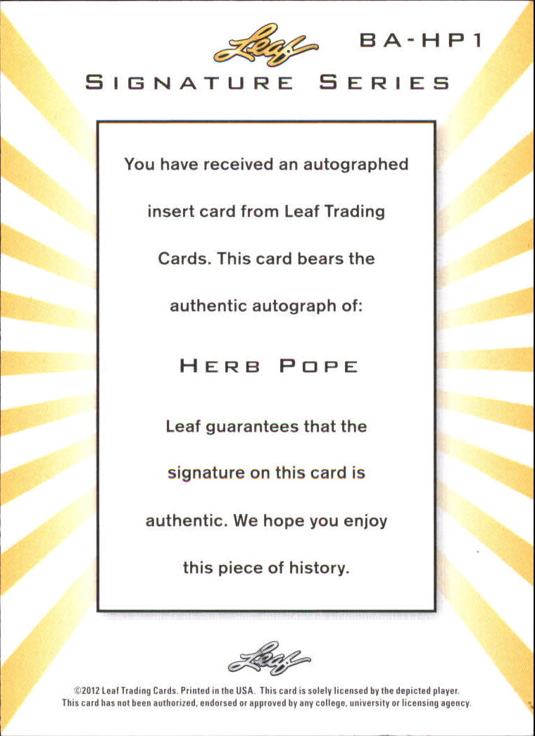 2012-13 Leaf Signature #HP1 Herb Pope back image