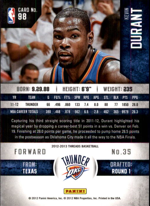 2012-13 Panini Threads #98 Kevin Durant back image