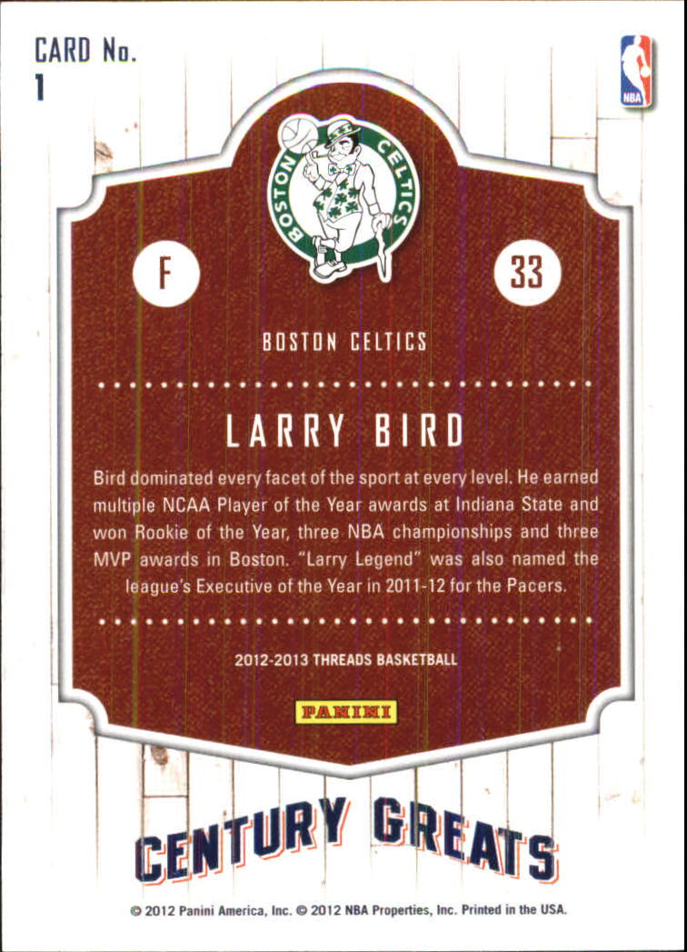 2012-13 Panini Threads Century Greats #1 Larry Bird back image