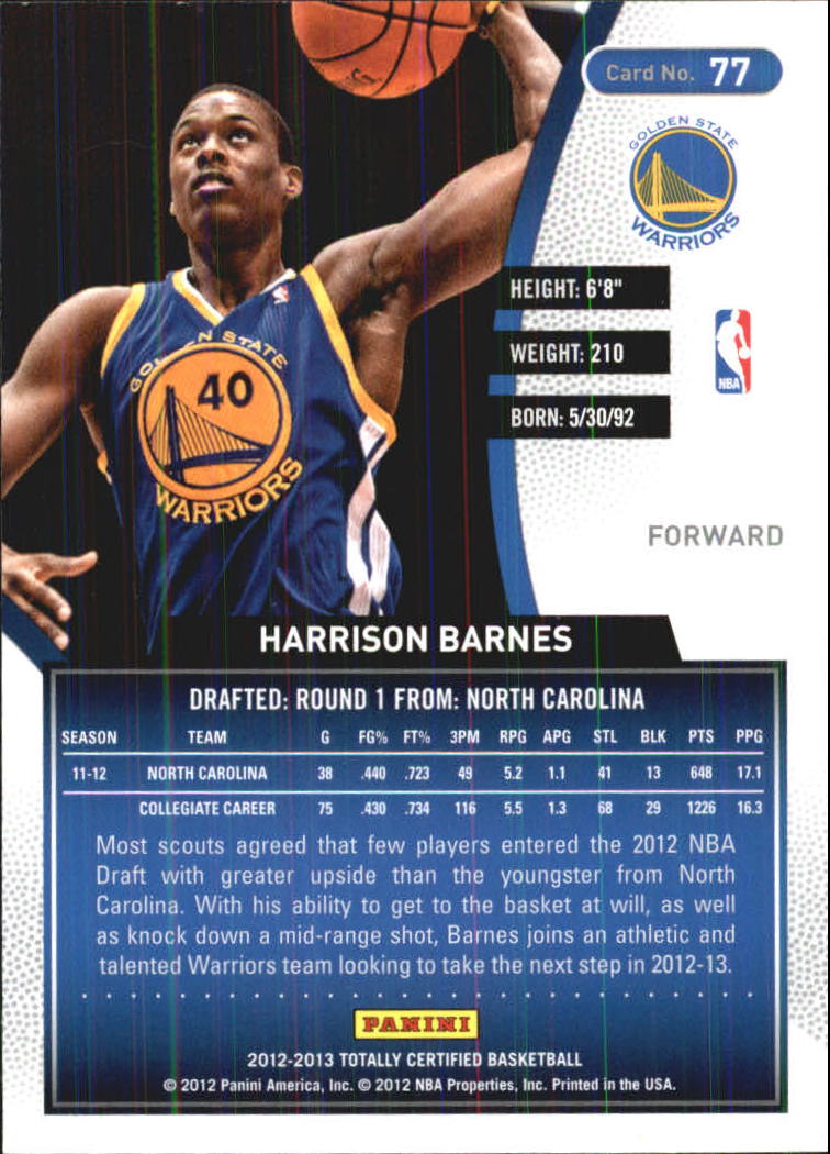 2012-13 Totally Certified #77 Harrison Barnes RC back image