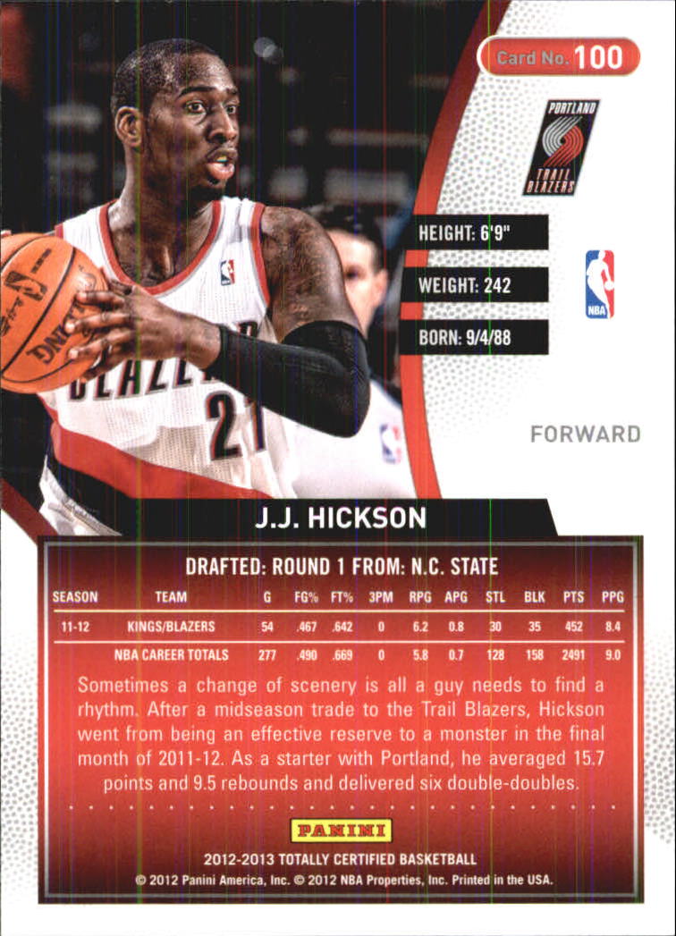 2012-13 Totally Certified #100 J.J. Hickson back image