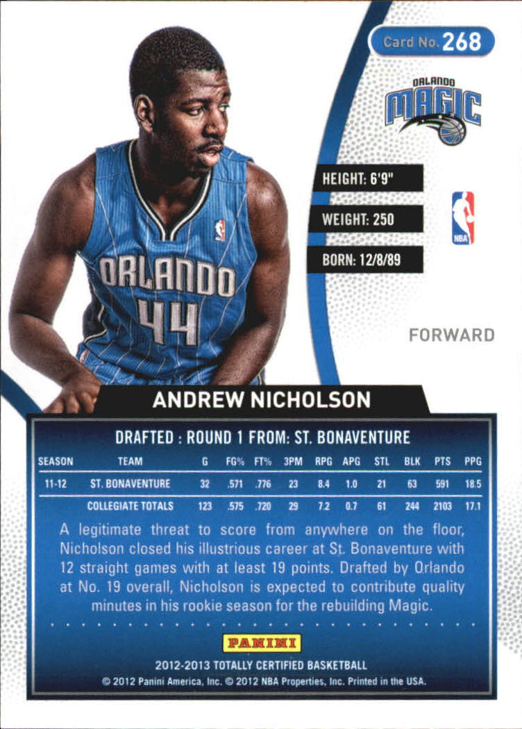 2012-13 Totally Certified #268 Andrew Nicholson RC back image