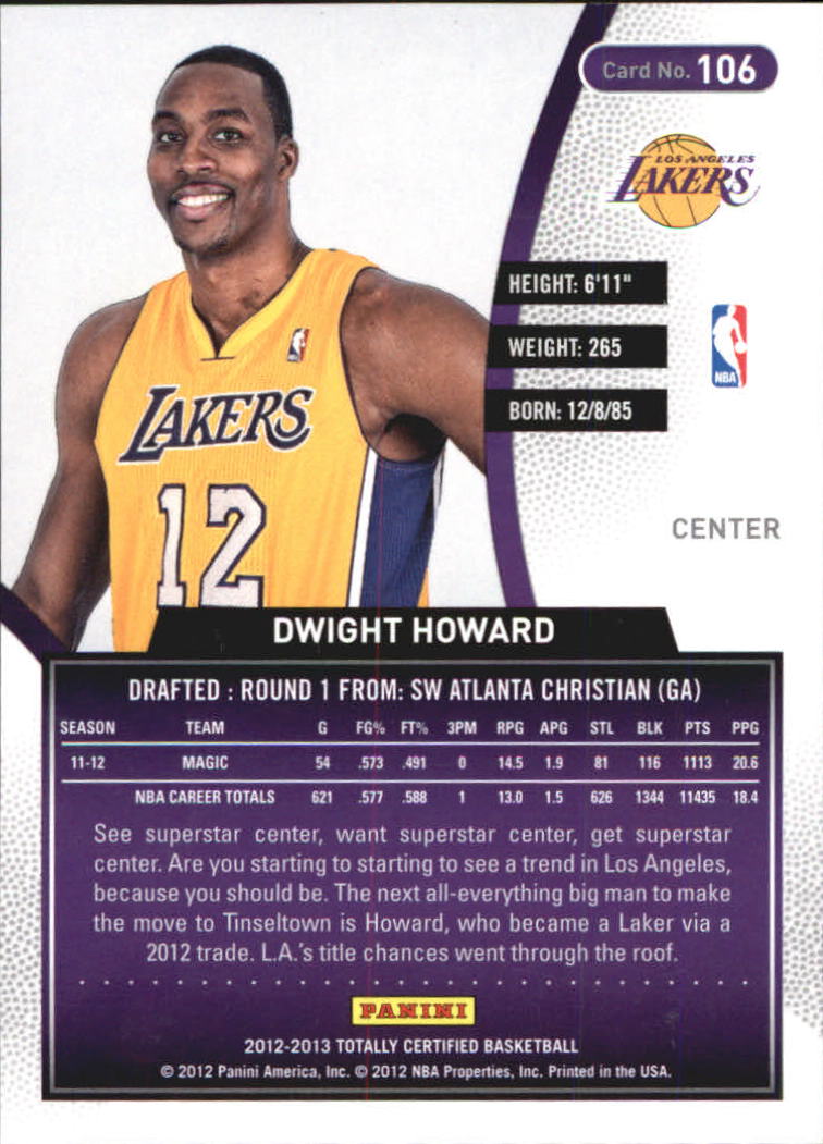 2012-13 Totally Certified Blue #106 Dwight Howard back image