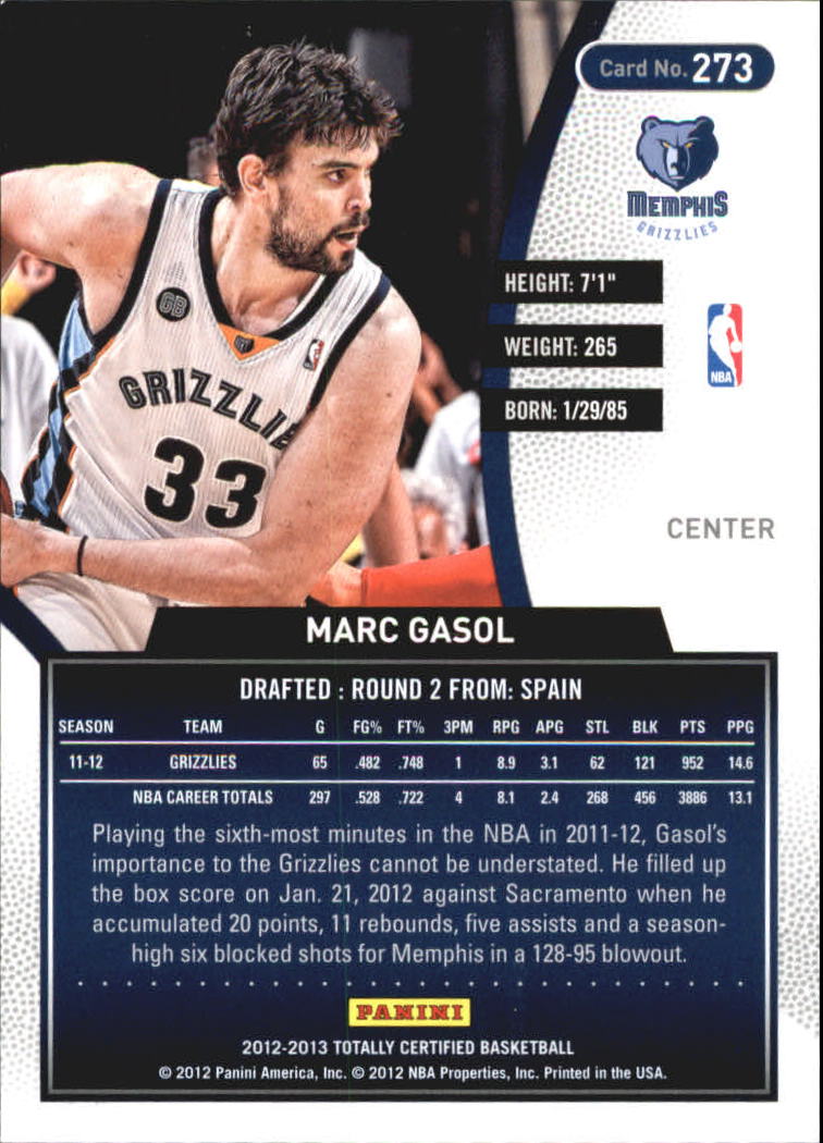 2012-13 Totally Certified Blue #273 Marc Gasol back image