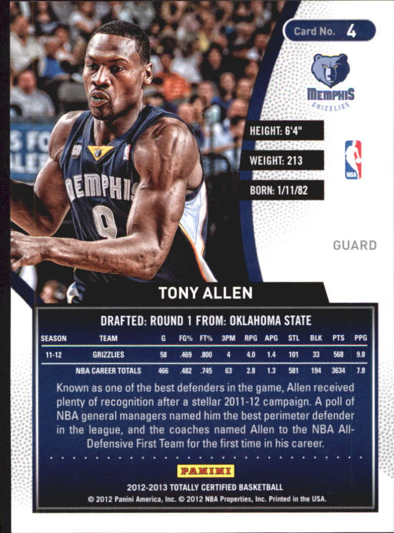 2012-13 Totally Certified Red #4 Tony Allen back image