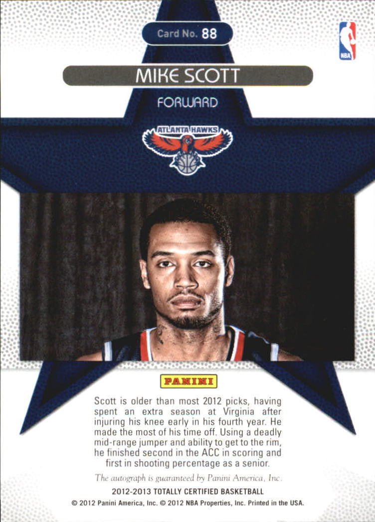 2012-13 Totally Certified Rookie Roll Call Autographs Red #88 Mike Scott/279 back image
