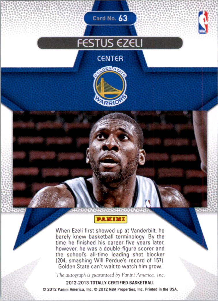 2012-13 Totally Certified Rookie Roll Call Autographs #63 Festus Ezeli back image