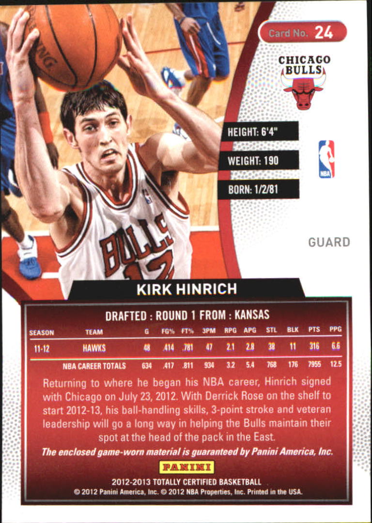 2012-13 Totally Certified Blue Materials #24 Kirk Hinrich/99 back image