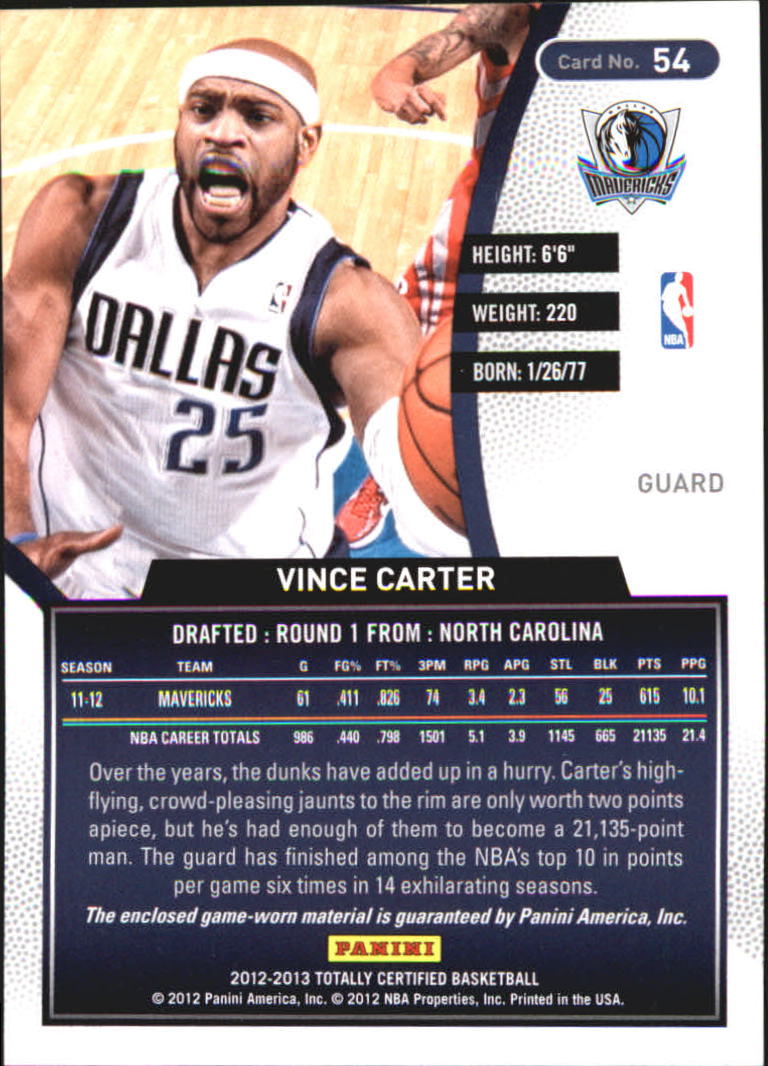 2012-13 Totally Certified Blue Materials #54 Vince Carter/99 back image