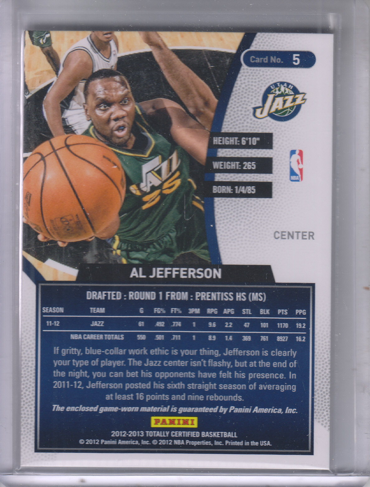 2012-13 Totally Certified Red Materials #5 Al Jefferson back image
