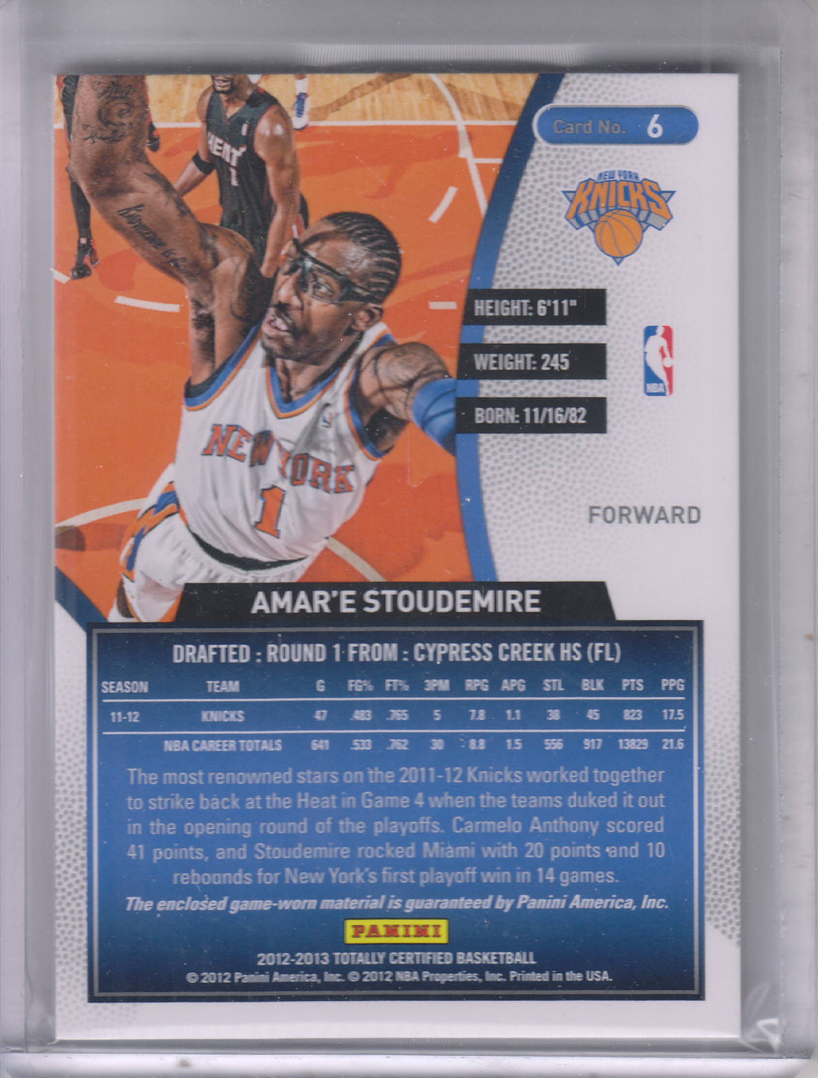 2012-13 Totally Certified Red Materials #6 Amare Stoudemire back image