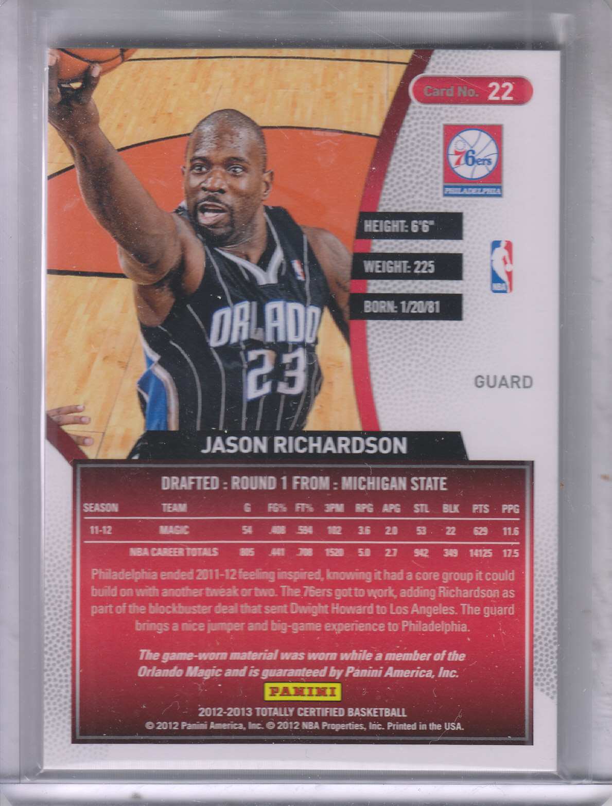 2012-13 Totally Certified Red Materials #22 Jason Richardson back image