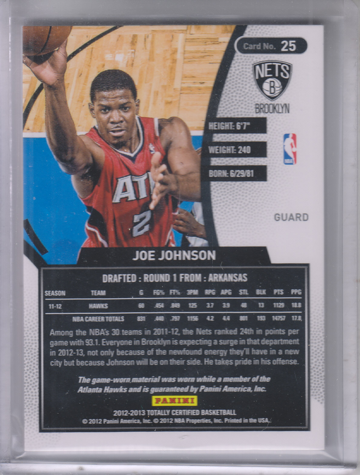 2012-13 Totally Certified Red Materials #25 Joe Johnson back image
