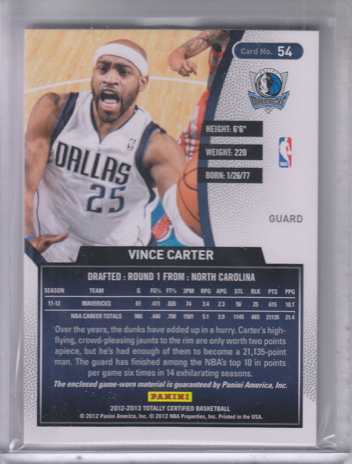 2012-13 Totally Certified Red Materials #54 Vince Carter back image