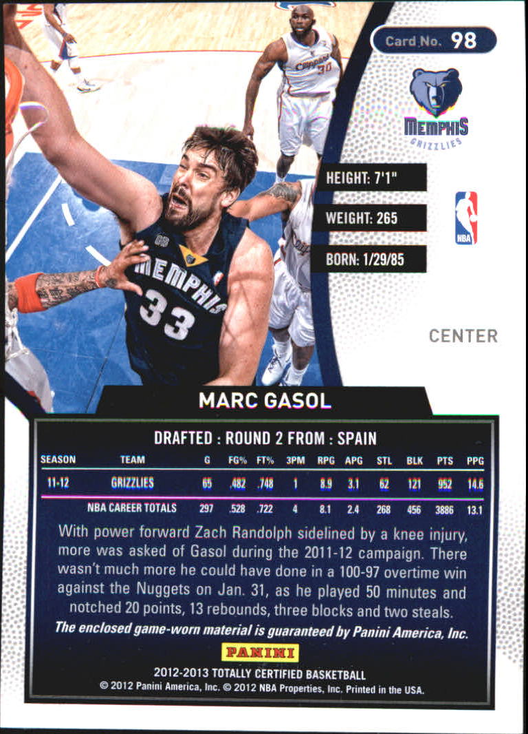 2012-13 Totally Certified Red Materials #98 Marc Gasol back image