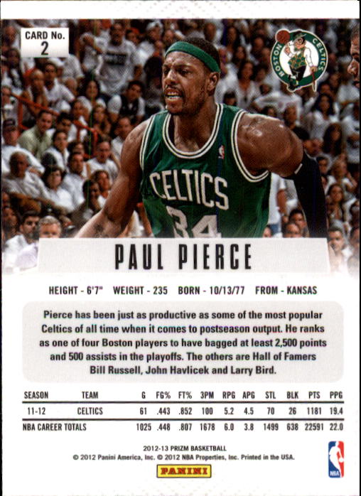 2012-13 Panini Prizm #2 Paul Pierce back image