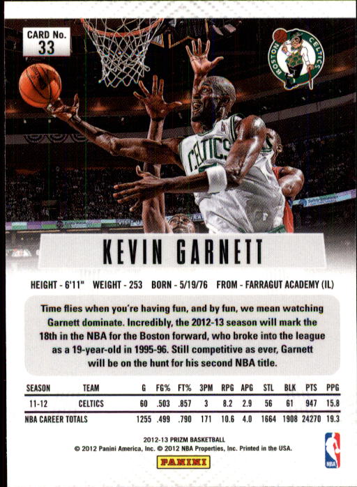 2012-13 Panini Prizm #33 Kevin Garnett back image