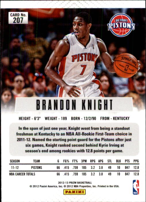 2012-13 Panini Prizm #207 Brandon Knight RC back image