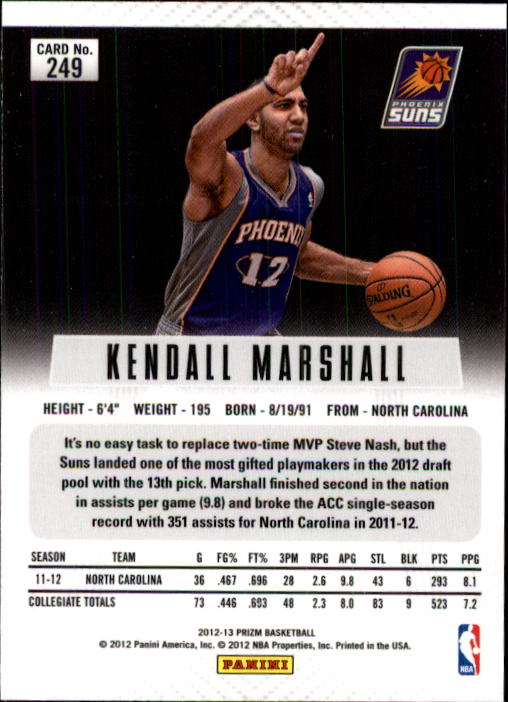 2012-13 Panini Prizm #249 Kendall Marshall RC back image