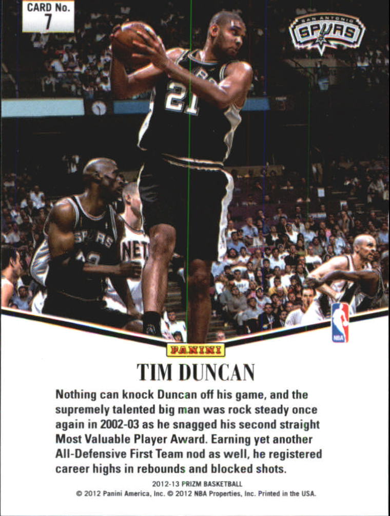2012-13 Panini Prizm Most Valuable Players #7 Tim Duncan back image