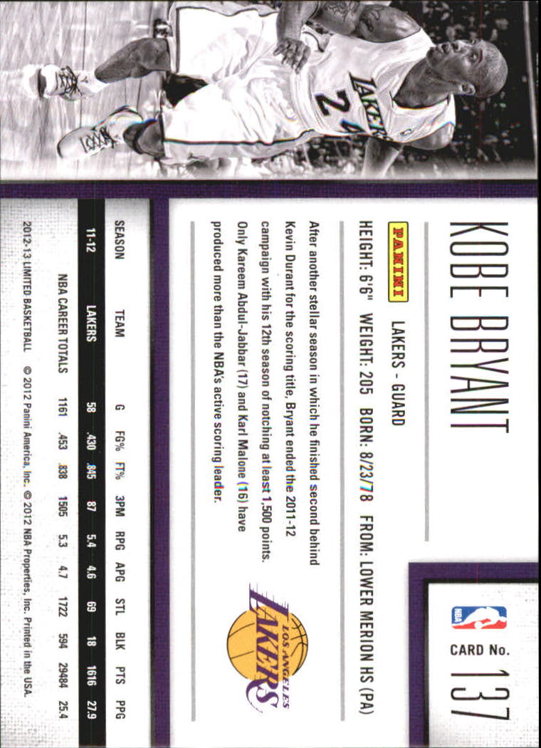2012-13 Limited #137 Kobe Bryant back image