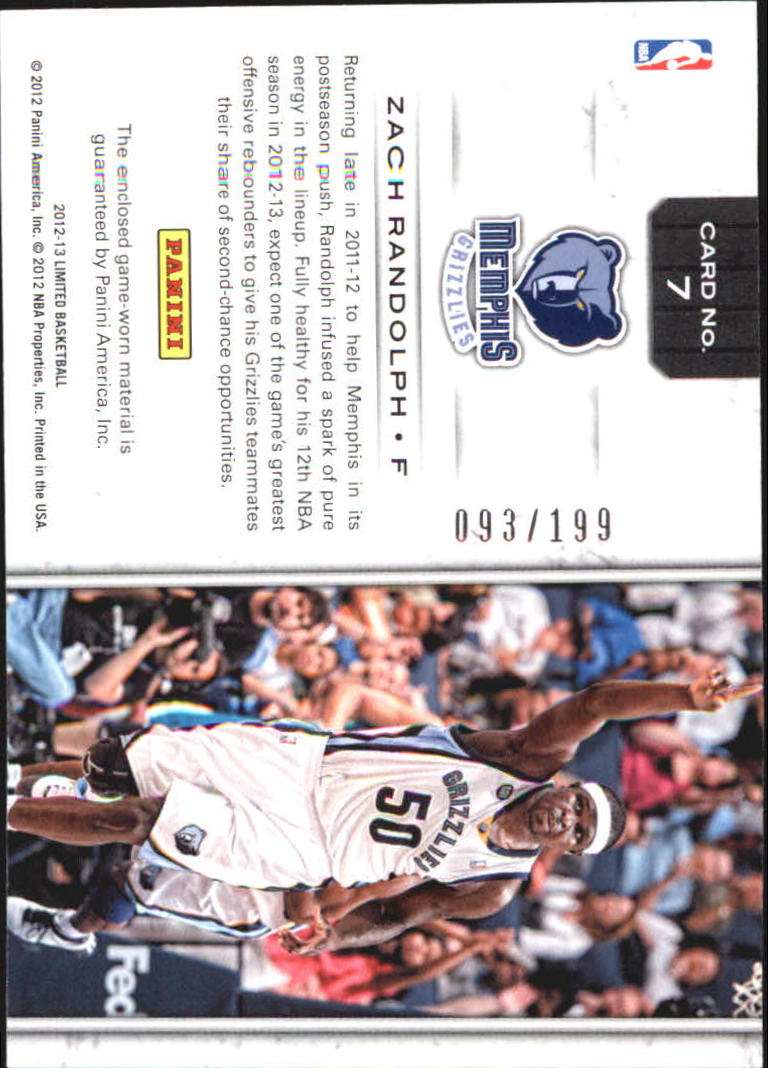 2012-13 Limited Performers Materials #7 Zach Randolph/199 back image