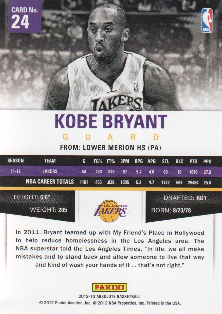 2012-13 Absolute #24 Kobe Bryant back image