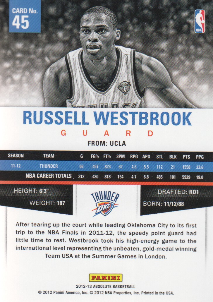 2012-13 Absolute #45 Russell Westbrook back image