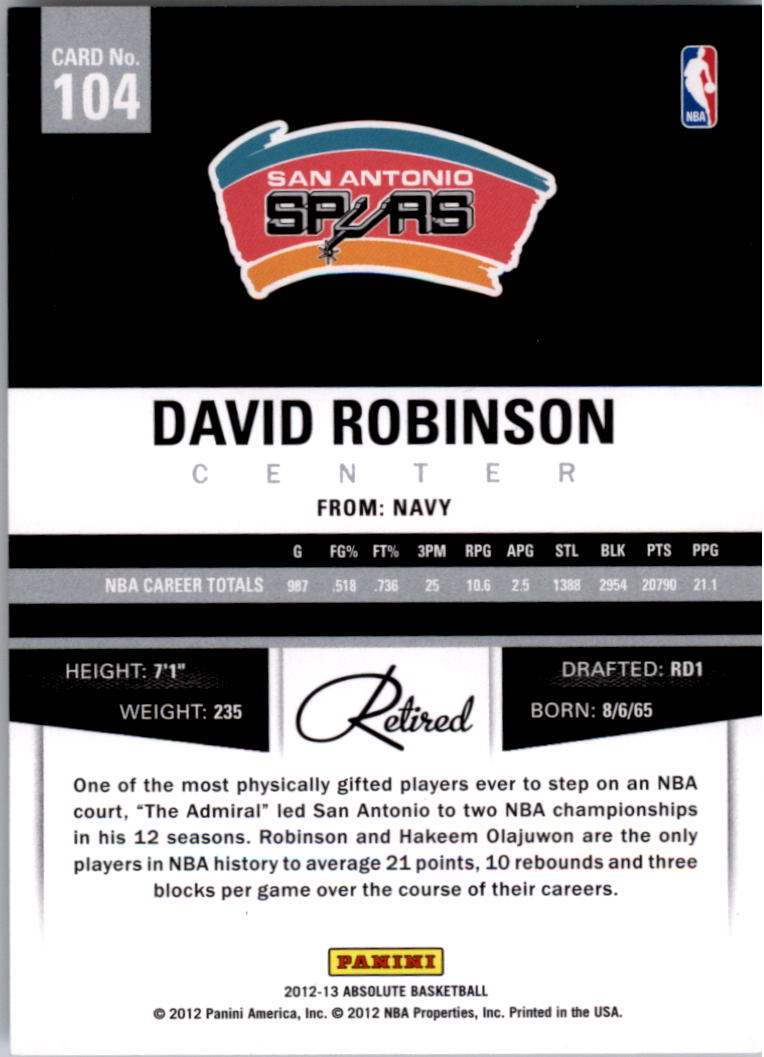 2012-13 Absolute #104 David Robinson back image
