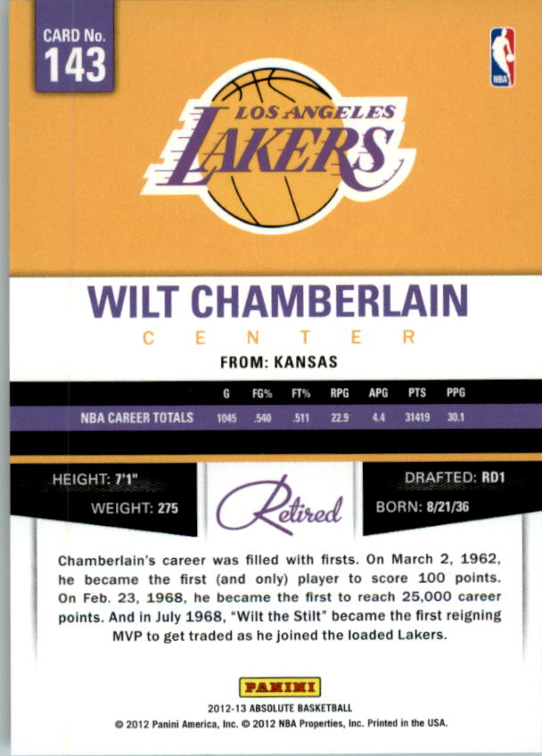 2012-13 Absolute #143 Wilt Chamberlain back image