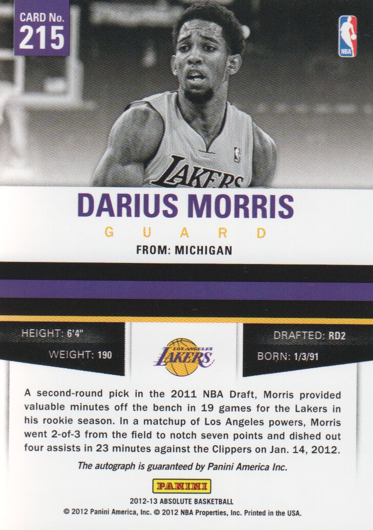 2012-13 Absolute #215 Darius Morris AU/399 RC back image