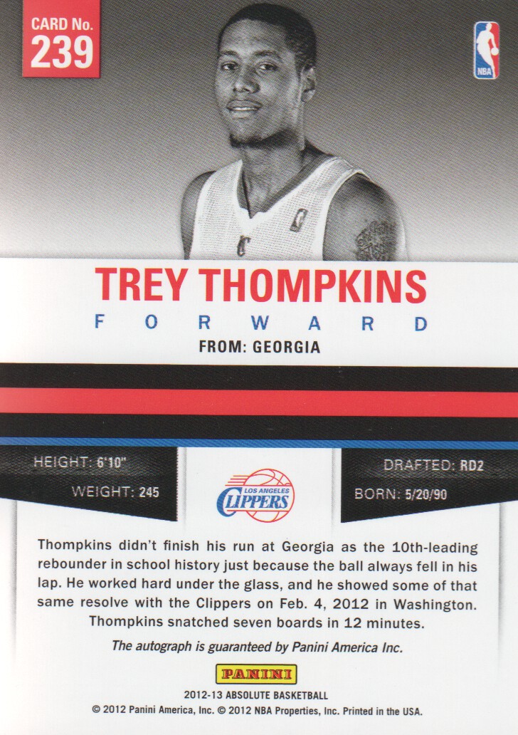 2012-13 Absolute #239 Trey Thompkins AU/249 RC back image