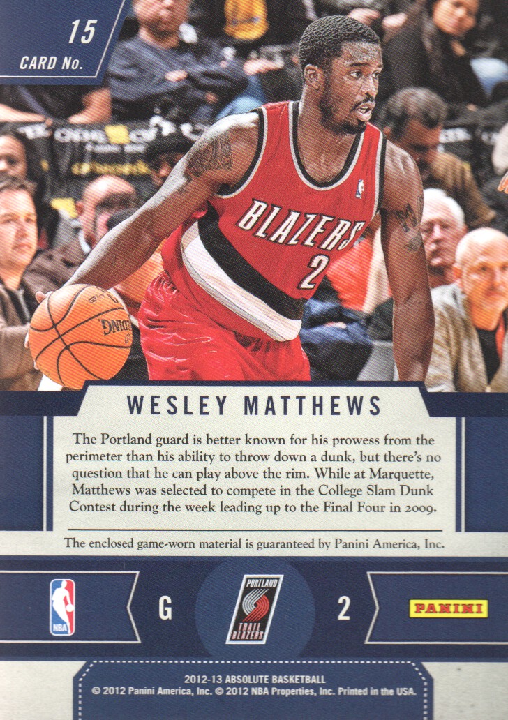 2012-13 Absolute Frequent Flyer Materials #15 Wesley Matthews/99 back image