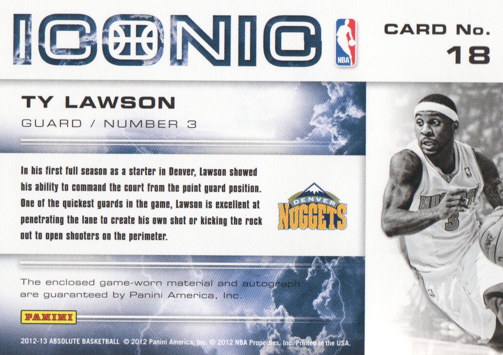 2012-13 Absolute Iconic Materials Autographs #18 Ty Lawson/74 back image